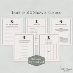 five printable game cards with the words, bundle of 5 shower games on them