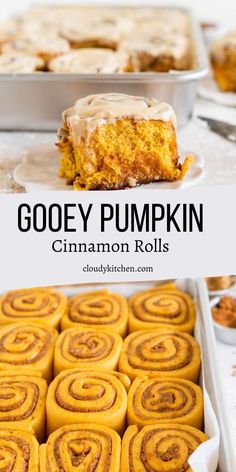 gooey pumpkin cinnamon rolls with icing on top and in the background, there is a baking pan full of them