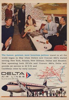 an advertisement for delta airlines with people standing around the plane and talking to each other