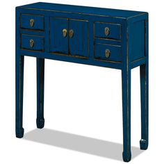 a blue table with two drawers and one drawer on the bottom, has gold handles