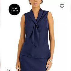 New And Beautiful! Elegant Navy Sleeveless Top, Navy Elegant Tops For Formal Occasions, Navy Elegant Formal Tops, Elegant Blue Tops For Formal Occasions, Chic Blue Formal Tops, Elegant Blue Top For Formal Occasions, Elegant Blue Formal Tops, Blue Tie Neck Top For Office, Elegant Blue Tops For Office