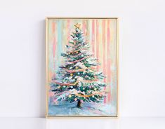 a painting of a christmas tree on a white wall in front of a colorful background