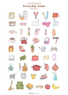 a poster with various items drawn on it's back side and the words, fun watercolor everyday icons