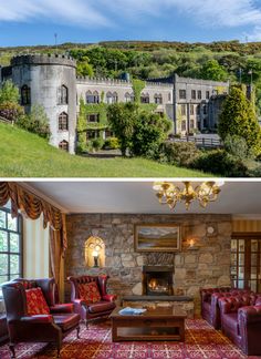 an old castle like home is being converted into a modern living room