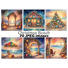 christmas beach scenes with an umbrella and chairs