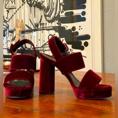 Gorgeous Burgundy Velvet Platform Sandals, Side Buckle Closure. Worn Five Times Over The Years, Soles Are In Great Shape. Some Imperfections In The Velvet, But They Aren’t Very Noticeable. Barneys New York, Platform Sandals, Over The Years, Buckle, Velvet, Im Not Perfect, Sandals, Women Shoes, Red