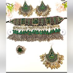 Green Bridal Afghan Jewlery Set Bohemian Green Bridal Necklace For Wedding, Ceremonial Tilla Bridal Sets, Heavy Bohemian Bridal Necklace For Wedding, Bohemian Green Wedding Jewelry, Traditional Green Bridal Sets For Celebration, Green Bridal Sets For Wedding Festivals, Green Bridal Sets With Pallu For Wedding, Green Bridal Set With Pallu For Wedding, Choker Sets