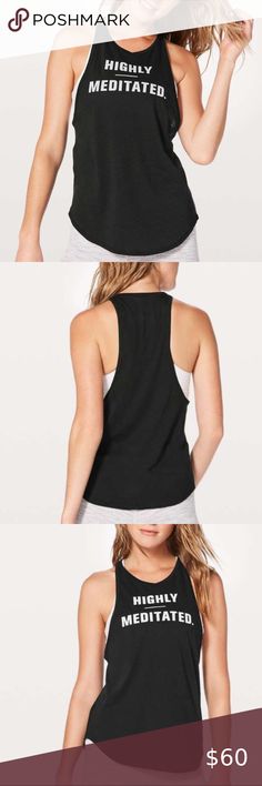 Lululemon Sweat Date ‘Highly Meditated’ Tank Lululemon Sweat Date ‘Expression Highly Meditated’ Tank. Size 4. New with tags, never used. Keep those post-practice vibes strong all day long in this muscle tank with low armholes for airflow. Fabric is naturally breathable. High neck for added coverage & loose fit to give you freedom to move. Comes from smoke free & pet friendly home. lululemon athletica Tops Tank Tops Black Tank Top With Mesh Back For Light Exercise, Black Mesh Back Tank Top For Light Exercise, Casual Black Tank Top For Running, Casual Black Activewear For Light Exercise, Black Tops For Light Exercise In Summer, Energy Tank, Yoga Bra Tops, Mesh Jacket, Lululemon Yoga