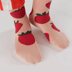 On a white background is a model wearing pink crew socks with a red strawberry pattern on it. Strawberry Socks, Notes Gift, Personal Care Items, Strawberry Print, Us Man, Sale Items, Socks, Elastic