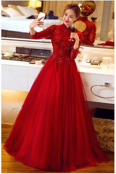 Neck Gown Design, Engagement Dress Long Sleeve, Red Engagement Dress, Luxury Prom Dress, Long Red Evening Dress, Traditional Wedding Outfits, Dress Designs For Girls, Halter Neck Gown, Evening Dress Wedding