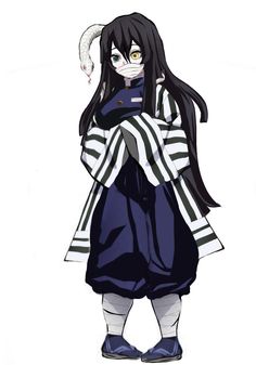 an anime character with long black hair wearing a striped coat and blue shoes, standing in front of a white background