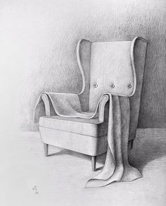 a pencil drawing of a chair with a blanket on it's back and legs