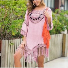 Tassel Beach Dress V Neck White Cover Up Swimsuit Bikini Tunic Ups Women Dresses Bathing Suit Summer Beachwear Short Sleeve Women Crochet Flower #02 Casual Beach Cover-up With Tassels, Casual Vacation Cover-up With Tassels, Casual Fringe Beach Dress For Spring, Summer Beach Dress With Back Tassel Tie-up For Vacation, Casual Festival Cover-up With Tassels, Casual Beach Dress With Fringe, Bohemian Pink Beach Dress For Brunch, Mini Vacation Dress With Fringe, Fringe Mini Dress For Vacation