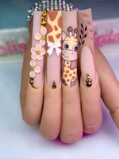 Baby shower baby giraffe inspired long acrylic nails Giraffe Nails, Nail Art Dessin, Baby Shower Nails, Long Square Nails, Gold Glitter Nails, Colored Acrylic Nails, Inspired Nails, Nail Art Set