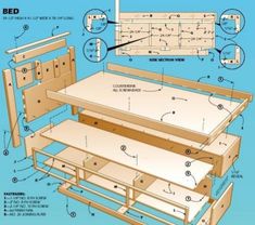 the plans for a bed frame with drawers and headboard are shown in this diagram