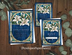 the wedding stationery is designed with stained glass and floral designs, along with greenery