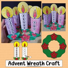 the paper roll wreath craft is ready to be made with candles and poinsettis