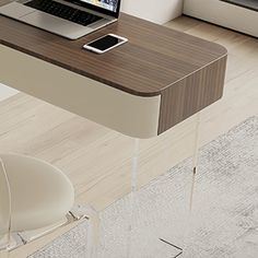 a laptop computer sitting on top of a wooden desk next to a white chair in front of a window