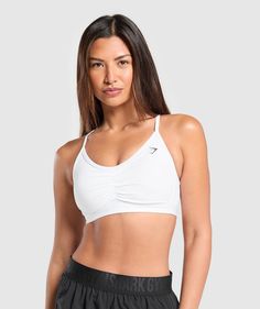 Gymshark Ruched Sports Bra - Black | Gymshark Gym Shark Sport Bras, Gym Shark Bra, White Sports Bra With Adjustable Straps For Light Exercise, White Sports Bra With Adjustable Straps For Workout, White Activewear With Adjustable Straps For Light Exercise, Gymshark Ruched, Gym Shark Outfit, Beyonce Costume, Gymshark Set