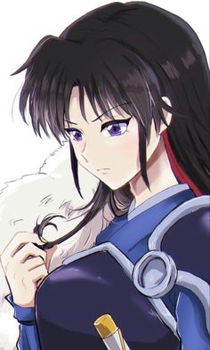 an anime character with long black hair and blue eyes holding a white cat in her arms