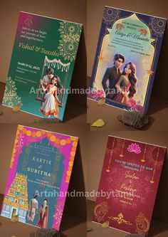 four different wedding cards on display in front of a brown background with gold and pink accents