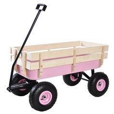 a wooden wagon with pink wheels on a white background