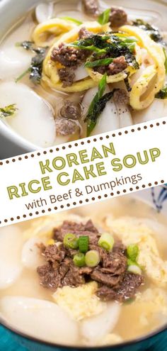 korean rice cake soup with beef and dumplings in a white bowl on a blue cloth