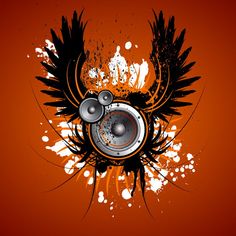 an abstract background with speakers and paint splattered on the side, in black and orange