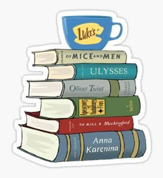 a stack of books with a coffee cup on top of it, and the words luke's of miceemen ulysseses