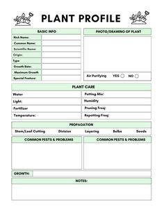 a plant profile sheet with plants in it