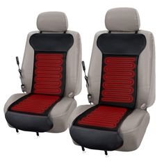 two gray and red seats with black trims on the front, back and side