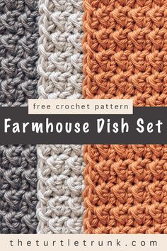 Pinterest pin for the Farmhouse Dish Set crochet pattern by The Turtle Trunk. Photo shows a close up shot of 3 crochet dish cloths in the colors dark grey, light grey, and burnt orange. Crochet Kitchen Washcloth Free Pattern, Easy Dish Towel Crochet Pattern, Easiest Crochet Dishcloth Pattern, Handmade Dish Cloths, Crochet Stitches For Dishcloths, Farmhouse Stitch Crochet, Diy Crochet Washcloths Easy, Best Crochet Stitch For Dishcloth, Moss Stitch Crochet Dishcloth