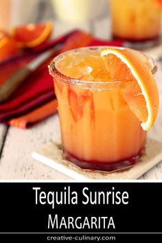 tequila sunrise margarita with orange wedges and garnish on the rim, served in small glasses