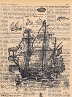 an old book page with a ship in the ocean and other sea creatures on it