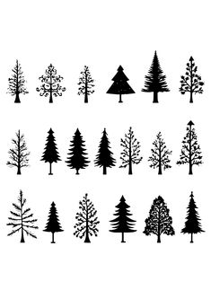 black and white silhouettes of trees on a white background, each with different shapes