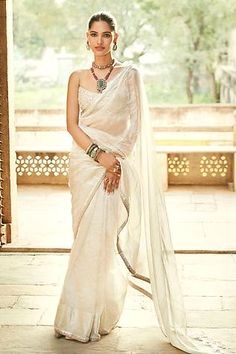 Shop for Matsya Silver Venetian Tissue Saree With Blouse for Women Online at Aza Fashions Mirror Work Blouse, Tissue Saree, Ivory Fabric, Embroidered Border, Diy Hanging, Saree With Blouse, Blouse Online, Work Blouse, Embroidered Silk