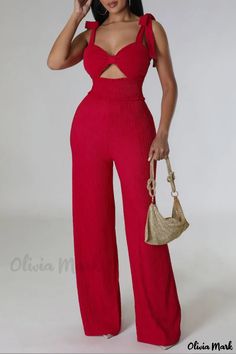 Olivia Mark - Red Elegant Solid Bandage Jumpsuit with Backless Design and Spaghetti Straps Red Strapless Summer Jumpsuit, Red Strapless Jumpsuits And Rompers For Party, Red Strapless Jumpsuit For Parties, Red Party Jumpsuits And Rompers, Red Solid Color Jumpsuits And Rompers For Night Out, Red Solid Color Jumpsuit For Night Out, Red Stretch Backless Jumpsuits And Rompers, Red Fitted Jumpsuit For Vacation, Red Fitted Jumpsuits And Rompers For Vacation