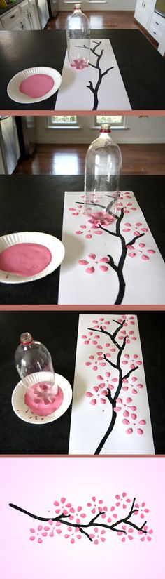 the process of painting a cherry blossom tree with acrylic paint and stencils