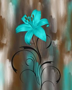 a painting of a blue flower on a brown background