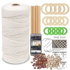 the kit includes two rolls of white twine and several pieces of woodworking supplies