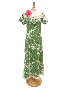 Royal Hawaiian Creations Hibiscus Panel Green Poly Cotton Hawaiian Jenny Ruffle Long Muumuu Dress | AlohaOutlet Marshallese Dress Style, Dress Hawaiian Style, Samoan Dress, Hawaiian Muumuu, Polynesian Dress, Vintage Hawaiian Dress, Hawaiian Fashion, Hawaiian Dresses, Muumuu Dress