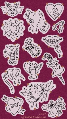 some stickers that are on the side of a purple sheet with hearts and other things