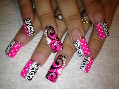 love the colors and the designs! Hot Pink Black Nails, Ugly Nails, Pink Sparkly Nails, Pink Black Nails, Bossy Nails, Cruise Nails, Hot Nail Designs, Multicolored Nails, Yellow Nails Design