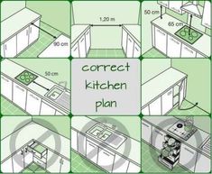 the instructions for how to make a small kitchen with green walls and flooring, including cabinets