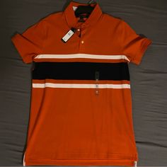 Brand New With Tags Still Classic Orange Short Sleeve Shirt, Classic Orange Tops For Spring, Classic Tommy Hilfiger Striped Tops, Classic Orange Collared Top, Tommy Hilfiger Fitted Casual Shirt, Fitted Casual Tommy Hilfiger Shirt, Classic Orange Cotton Tops, Fitted Short Sleeve Tommy Hilfiger Polo Shirt, Fitted Tommy Hilfiger Polo Shirt With Short Sleeves