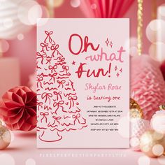 a pink and red christmas card with the words oh what fun? on it