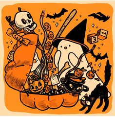 a drawing of a halloween scene with pumpkins, jack - o'- lanterns and skulls