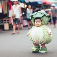 a baby dressed as a cabbage walking down the street