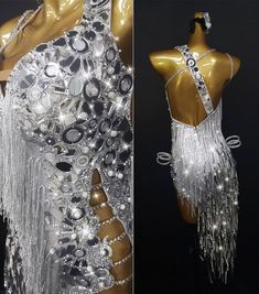 the back of a woman's dress with beads and chains on it