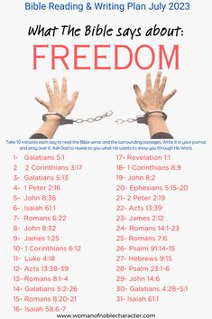 a poster with the words, what the bible says about freedom and hands chained to chains